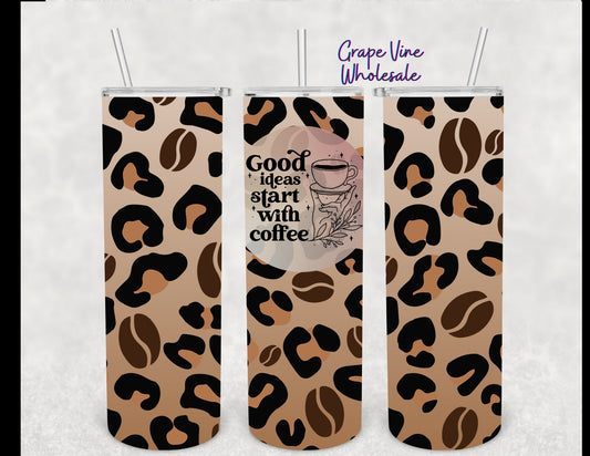 Good Ideas Start With Coffee Cheetah Print 20oz Skinny Tumbler Grape Vine Wholesale