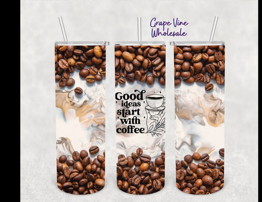 Good Ideas Start With Coffee Marble & Coffee grain print 20oz Skinny Tumbler Grape Vine Wholesale