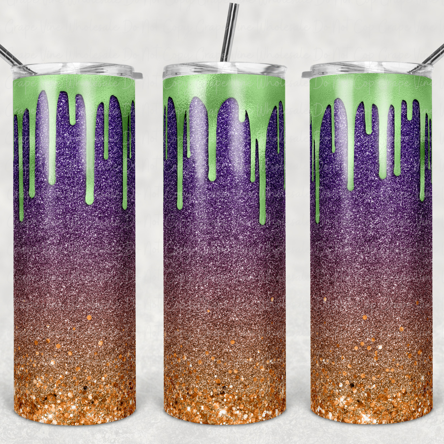 Halloween Purple Orange Glitter with slime 20oz Skinny Tumbler Grape Vine Wholesale