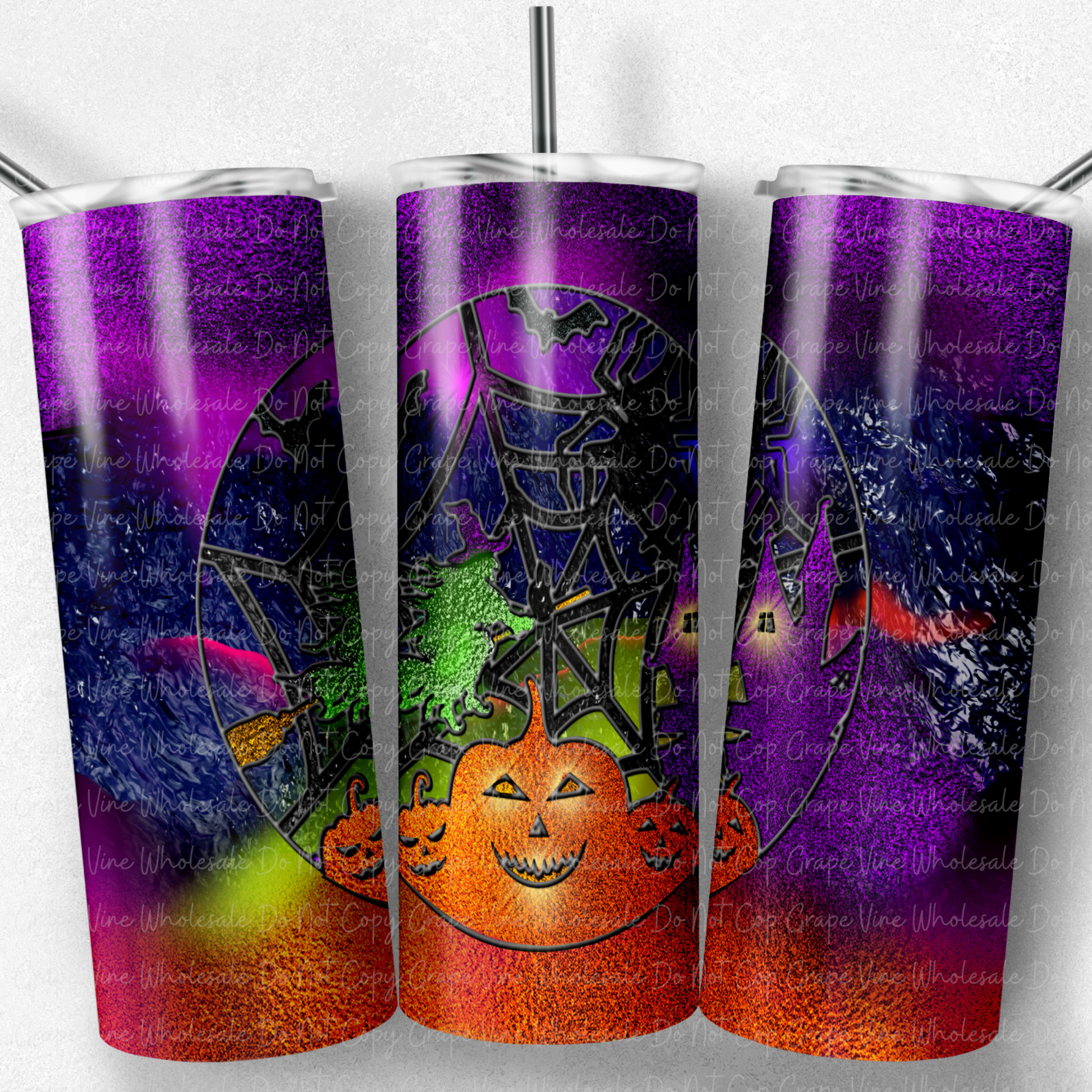 Halloween Stained Glass Scene 20oz Skinny Tumbler Grape Vine Wholesale