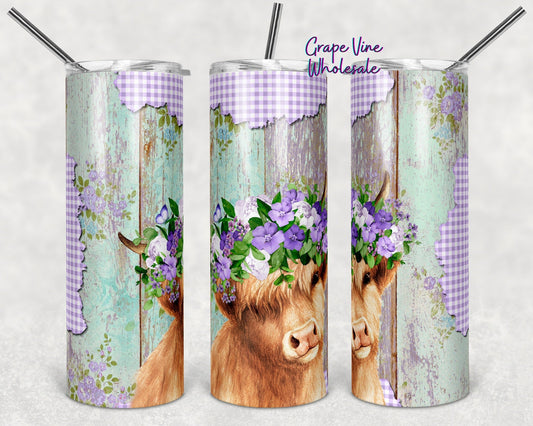 Highland Cow Purple Check & Woodgrain 20oz Skinny Tumbler Grape Vine Wholesale