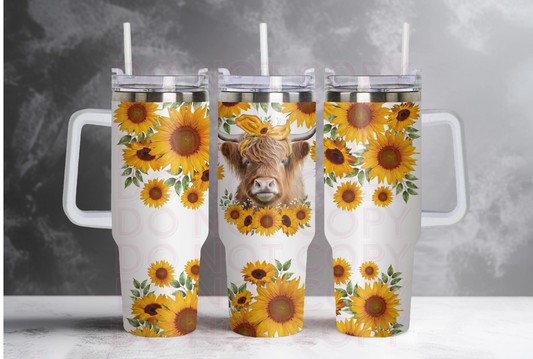 Highland Cow and Sunflowers 40oz tumbler Grape Vine Wholesale