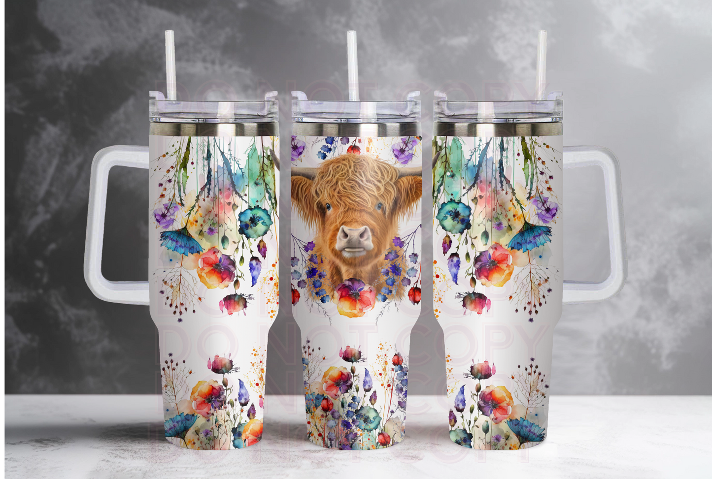 Highland Cow and Wildflowers 40oz tumbler Grape Vine Wholesale