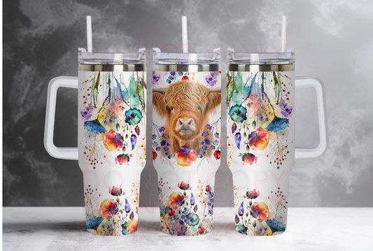 Highland Cow and Wildflowers 40oz tumbler Grape Vine Wholesale