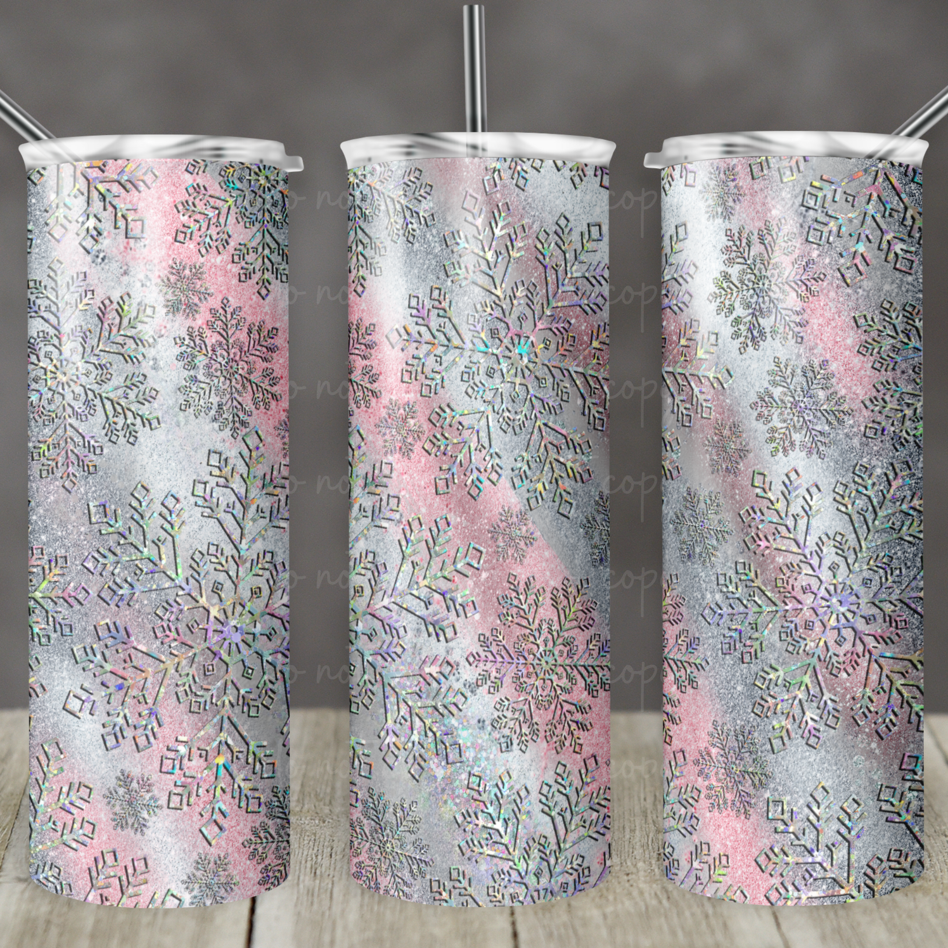 Holographic Snowflakes on Pink and Silver 20oz Skinny Tumbler Grape Vine Wholesale