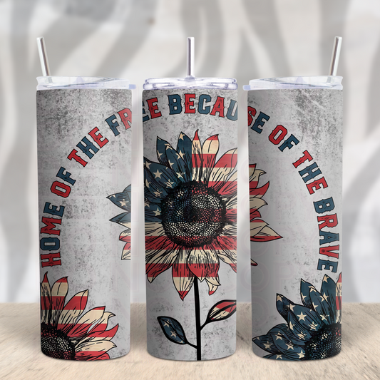 Home of the Free Because of the Brave Sunflower Flag 20oz Skinny Tumbler Grape Vine Wholesale