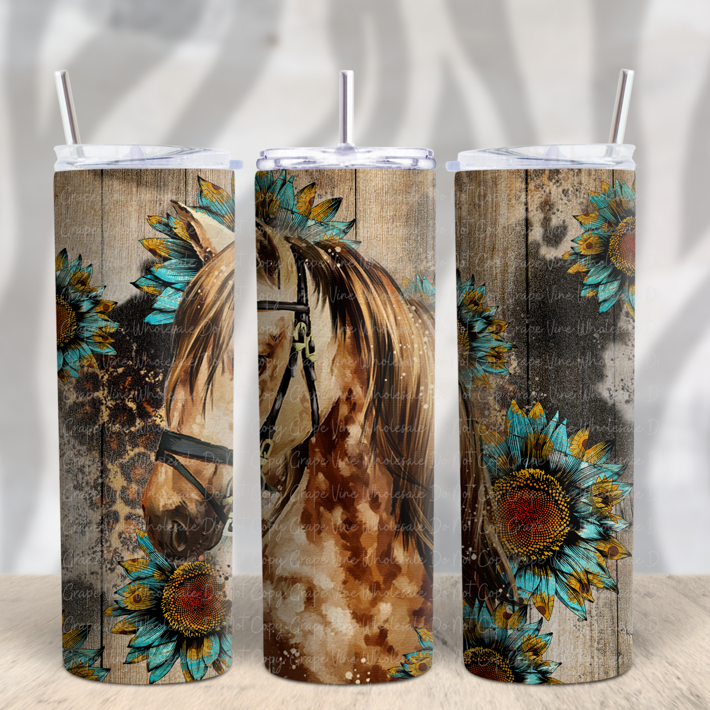 Horse with Turquoise Sunflowers 20oz Skinny Tumbler Grape Vine Wholesale