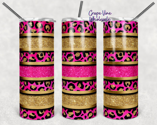 Hot Pink & Cheetah Stripe Glitter Burst 20oz Skinny Tumbler Grape Vine Wholesale