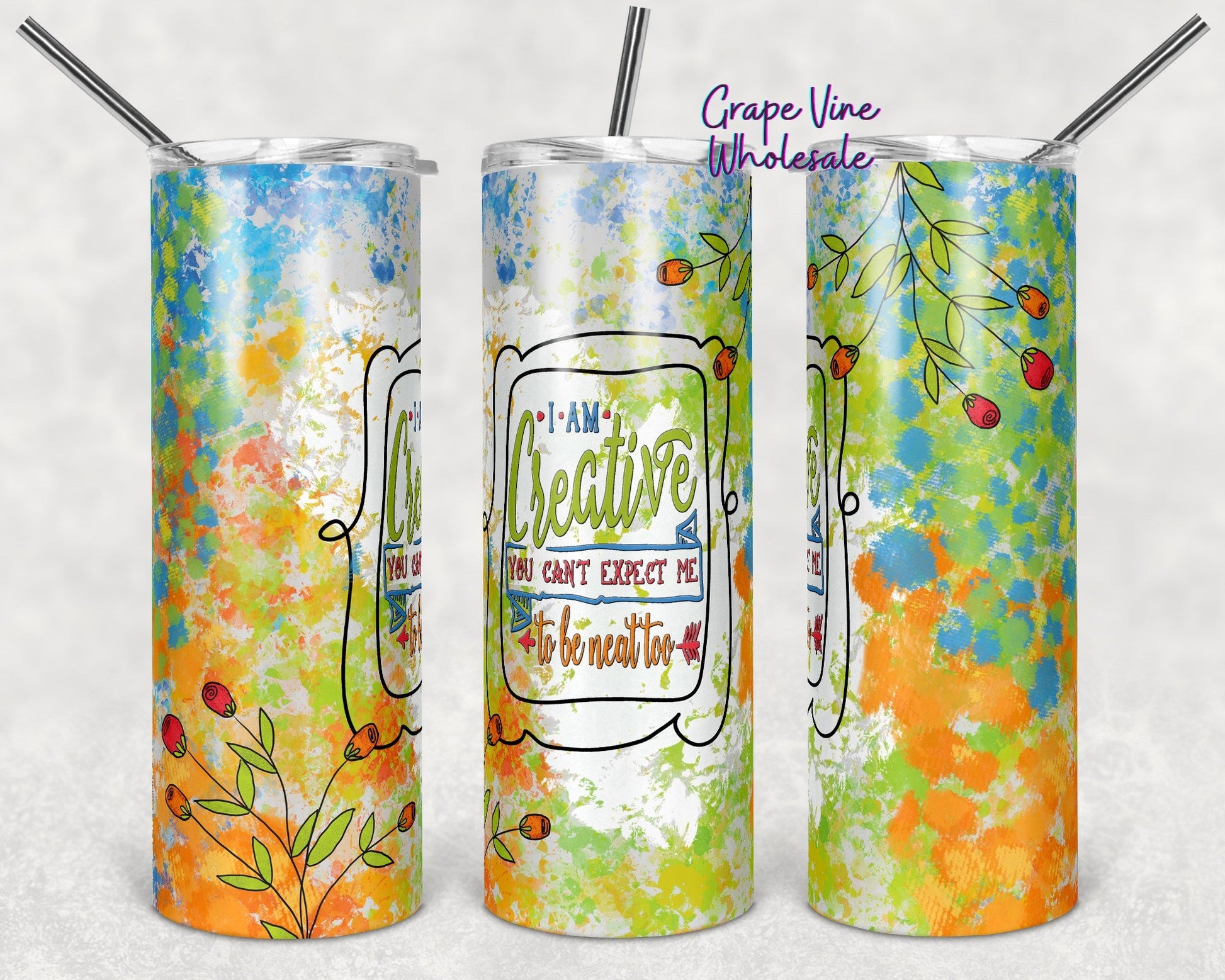 I Am Creative Floral & Abstract Paint Print 20oz Skinny Tumbler Grape Vine Wholesale