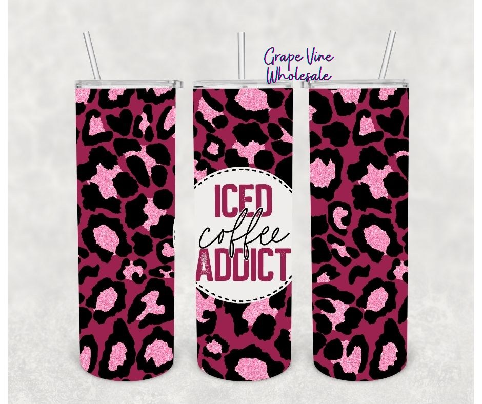 Iced Coffee Addict Pink Leopard Glitter Burst 20oz Skinny Tumbler Grape Vine Wholesale