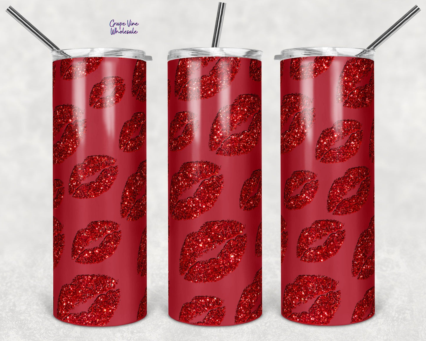 Kiss Me Like You Miss Me Red Glitter Burst 20oz Skinny Tumbler Grape Vine Wholesale