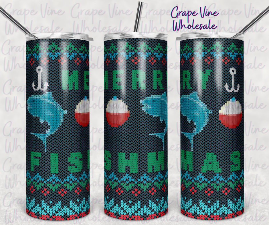 Knitted Gray Fish & Bobber Christmas Sweater 20oz Skinny Tumbler Grape Vine Wholesale