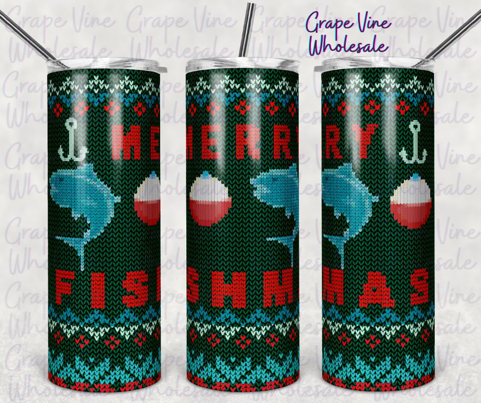 Knitted Green Fish & Bobber Christmas Sweater 20oz Skinny Tumbler Grape Vine Wholesale