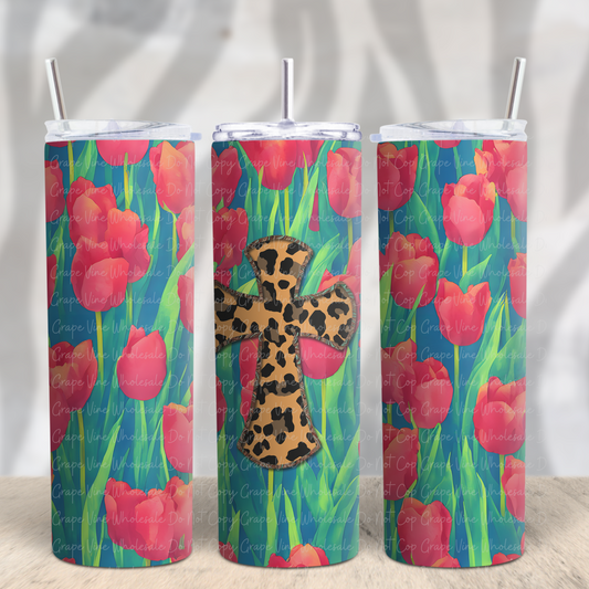 Leopard Cross with Tulips 20oz Skinny Tumbler Grape Vine Wholesale