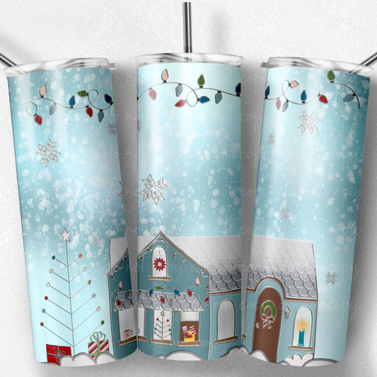 Little Blue Christmas House 20oz Skinny Tumbler Grape Vine Wholesale