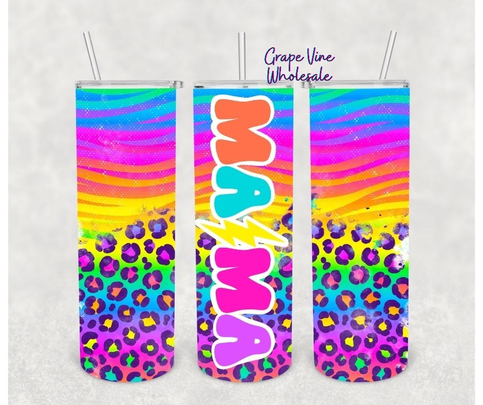 Mama Rainbow Neon Leopard 20oz Skinny Tumbler Grape Vine Wholesale