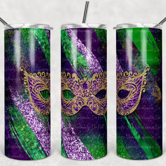 Mardi Gras Mask on Purple Milkyway 20oz Skinny Tumbler Grape Vine Wholesale