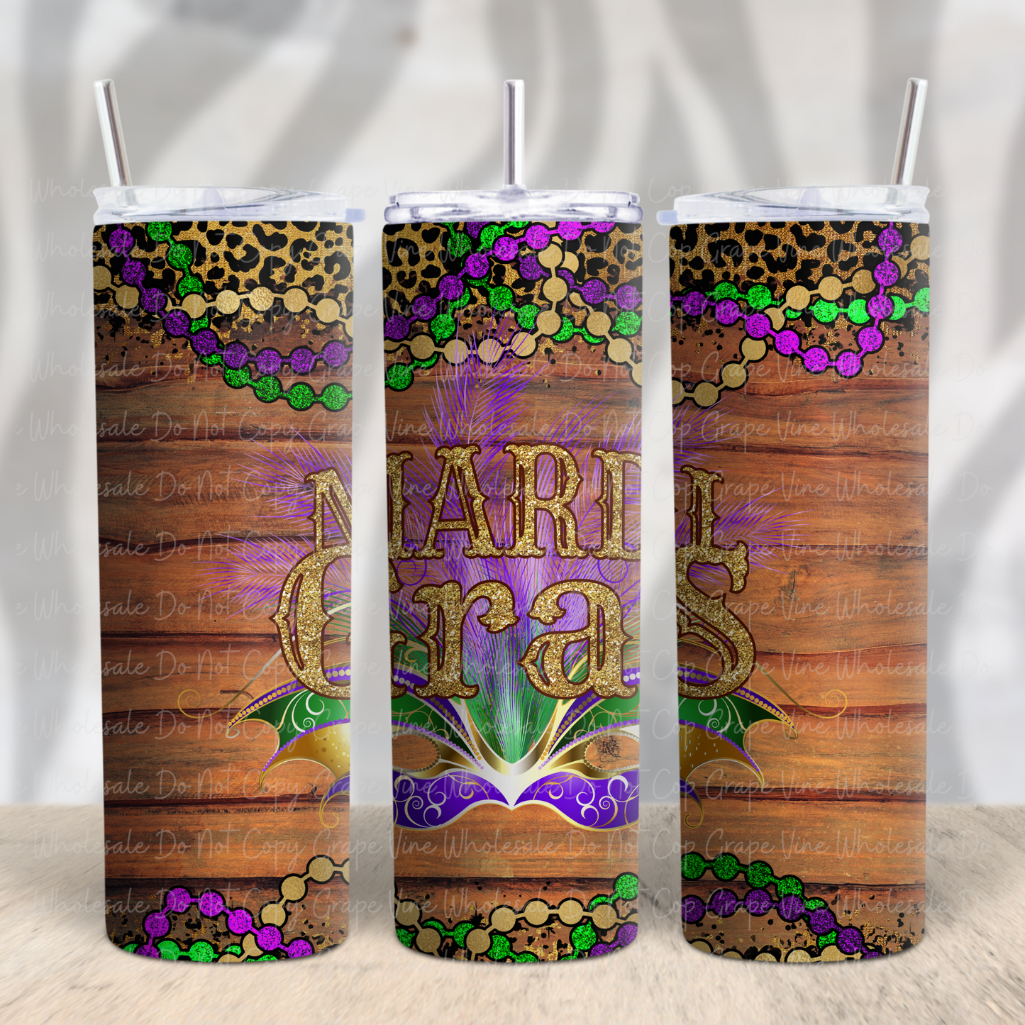 Mardi Gras Woodgrain 20oz Skinny Tumbler Grape Vine Wholesale