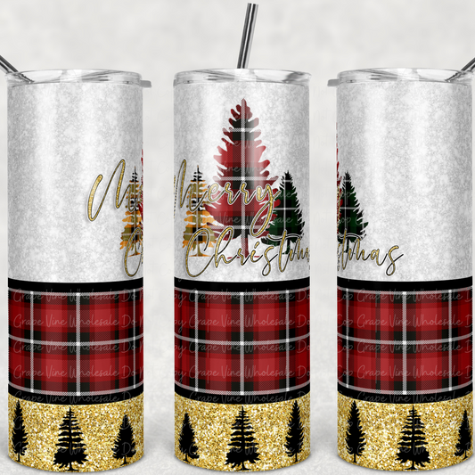 Merry Christmas Red Plaid Trees  20oz Skinny Tumbler Grape Vine Wholesale