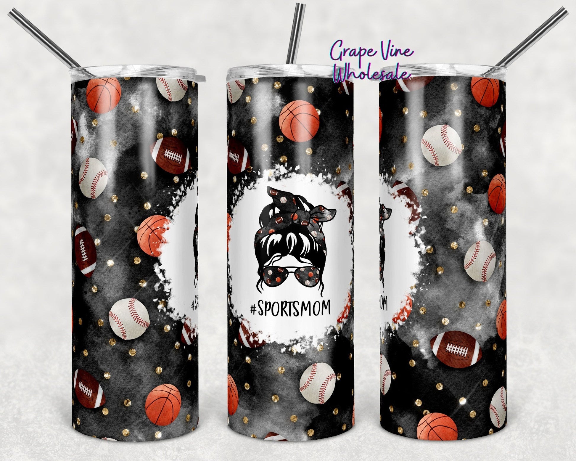 Messy #SportsMom Bun 20oz Skinny Tumbler Grape Vine Wholesale