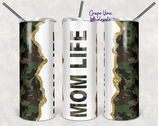 Mom Life Wrapped In Camo & Glitter 20oz Skinny Tumbler Grape Vine Wholesale