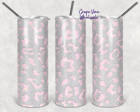 Muted Pink and Silver Sequin Leopard 20oz Skinny Tumbler Grape Vine Wholesale