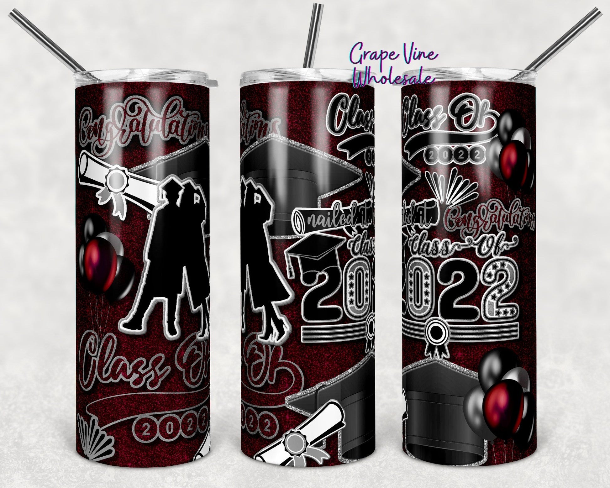 Nailed It Class of 2022 Maroon & Silver Glitter Burst 20oz Skinny Tumbler Grape Vine Wholesale