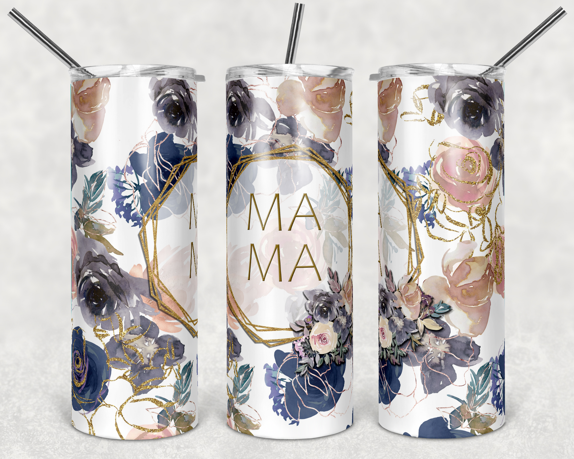 Navy and Gold Floral Mama 20oz Skinny Tumbler Grape Vine Wholesale