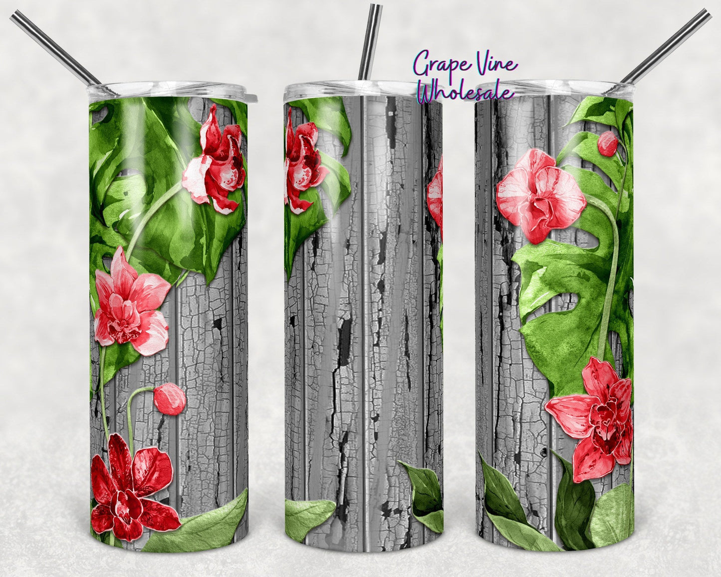 Orchids and Crackle Woodgrain 20oz Skinny Tumbler Grape Vine Wholesale