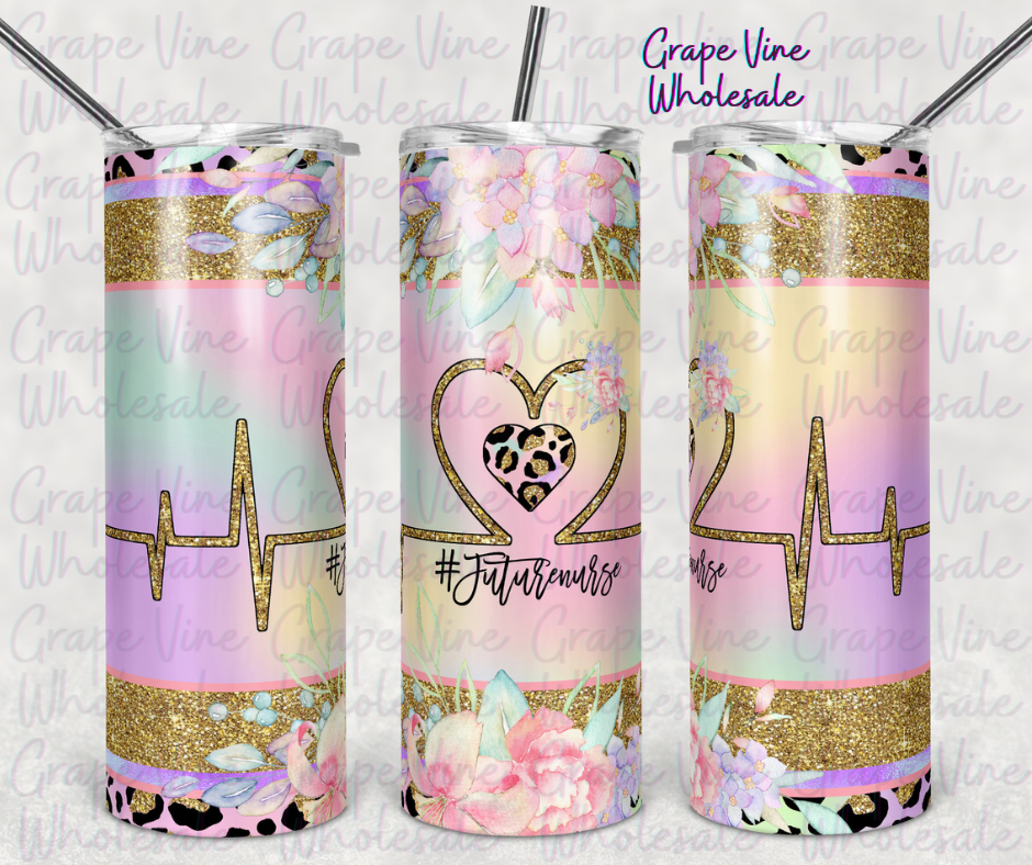 Pastel Floral & Leopard Future Nurse Life 20oz Skinny Tumbler template Grape Vine Wholesale