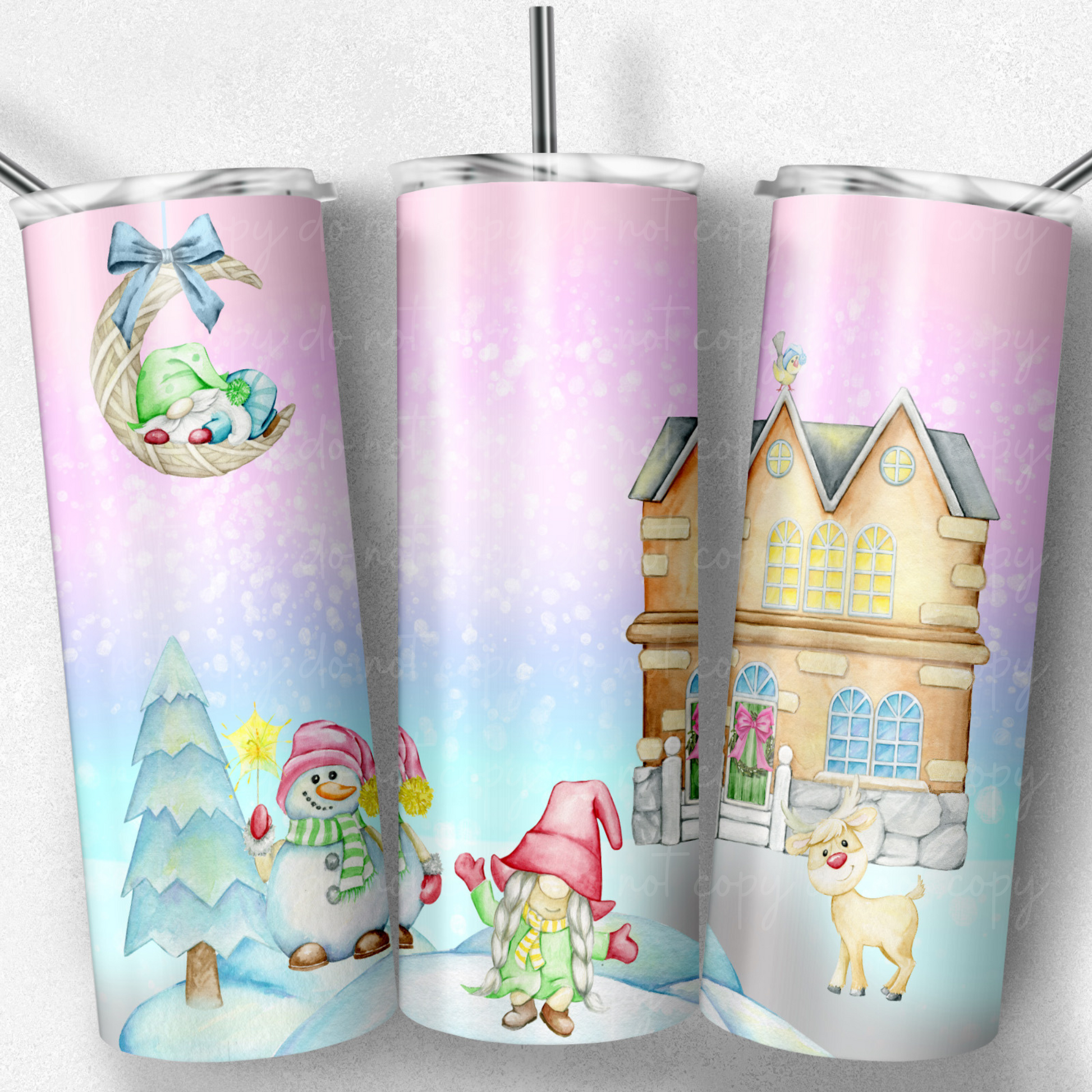 Pastel Gnomes Winter Scene 20oz Skinny Tumbler Grape Vine Wholesale