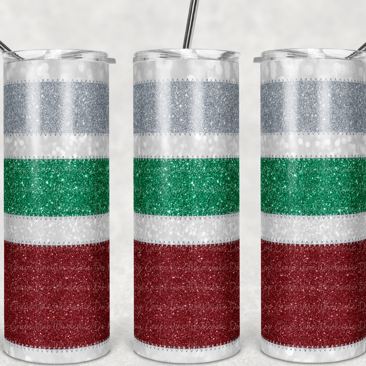 Patchwork Glitter Red, Green silver  20oz Skinny Tumbler Grape Vine Wholesale