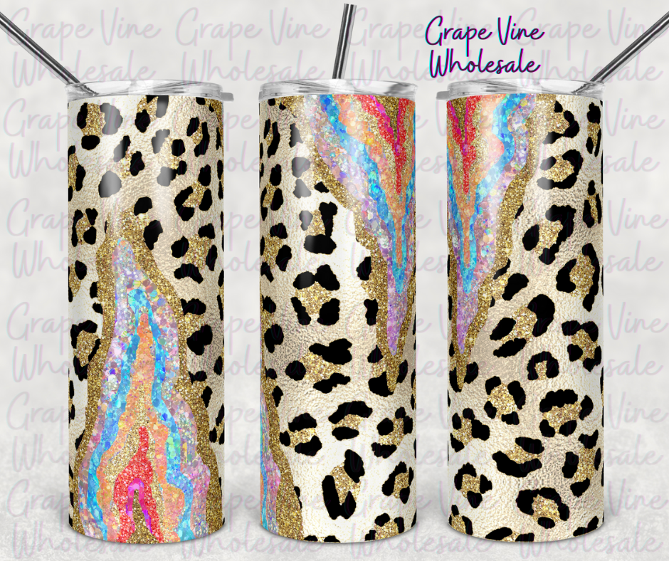 Peek A Boo Rainbow Sequin & Leopard 20oz Skinny Tumbler Grape Vine Wholesale