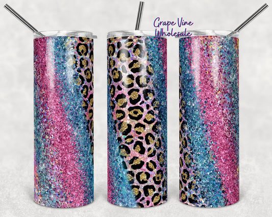 Pink & Blue Leopard Glitter Burst Milky Way 20oz Skinny Tumbler Grape Vine Wholesale