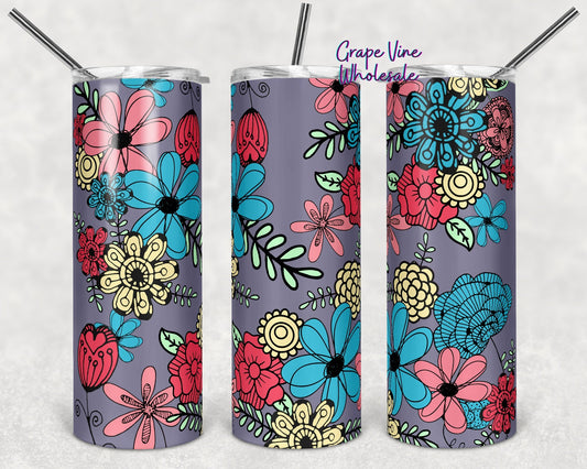 Pink Doodle Flowers 20oz Skinny Tumbler Grape Vine Wholesale