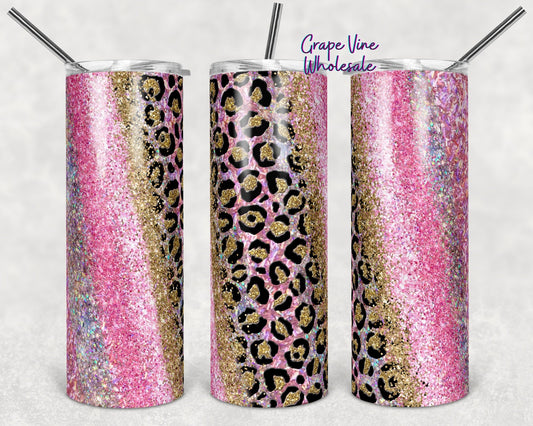 Pink & Leopard Glitter Burst Milky Way 20oz Skinny Tumbler Grape Vine Wholesale