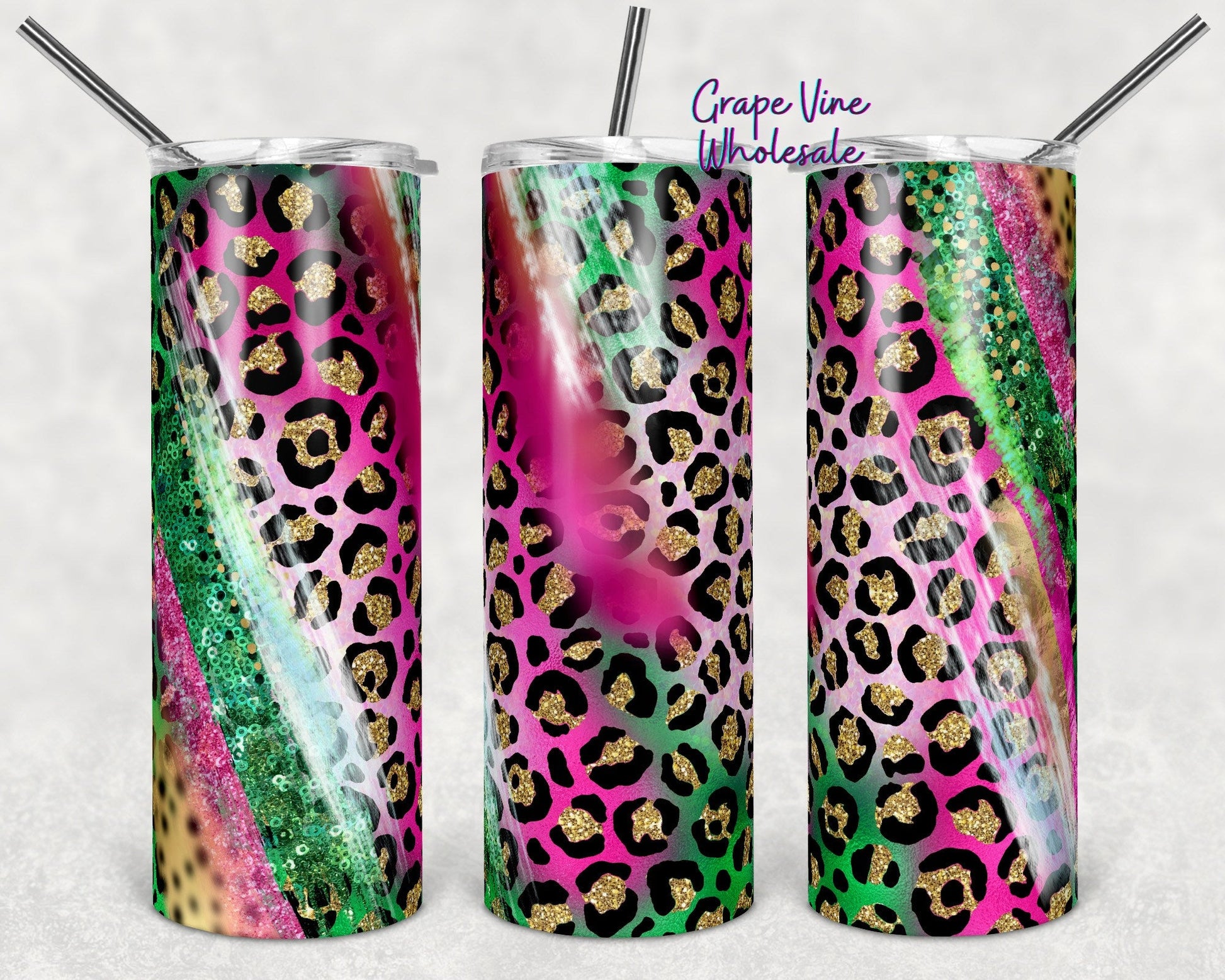 Pink Leopard & Green Glitter Burst Milky Way 20oz Skinny Tumbler Grape Vine Wholesale