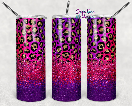 Pink & Purple Leopard Ombre Glitter Burst 20oz Skinny Tumbler Grape Vine Wholesale