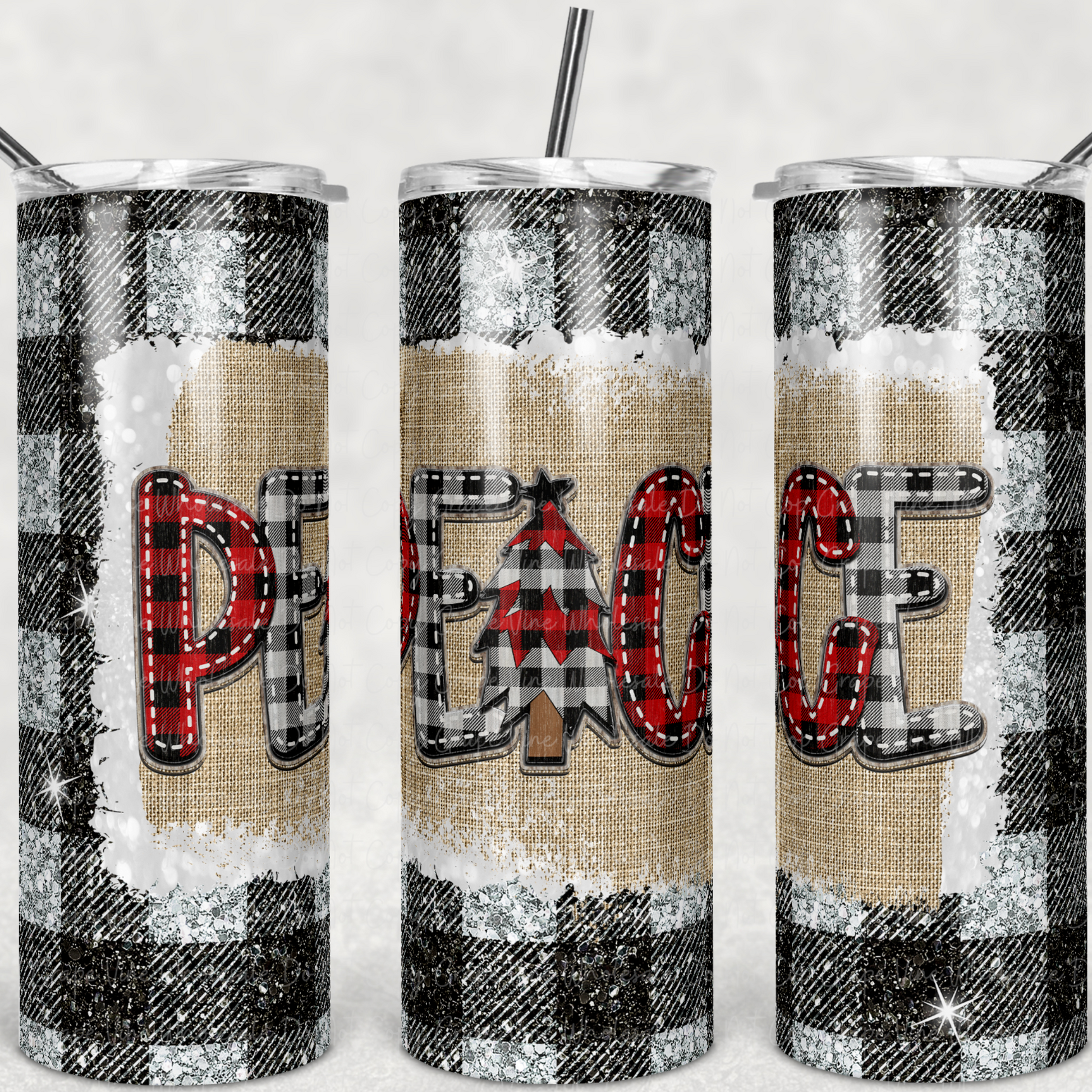 Plaid Black Glitter Peace  20oz Skinny Tumbler Grape Vine Wholesale