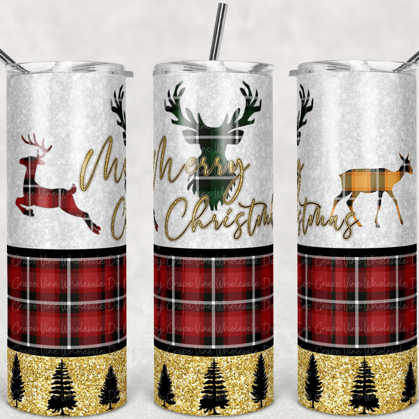 Plaid Deer Merry Christmas  20oz Skinny Tumbler Grape Vine Wholesale