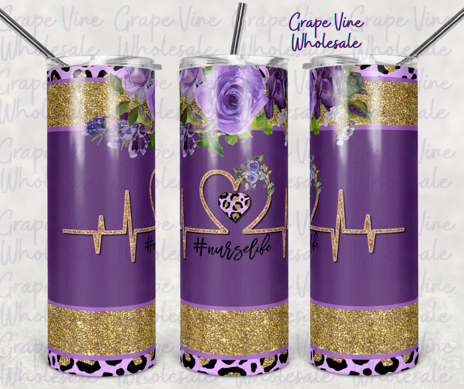 Purple Floral & Leopard Nurse Life 20oz Skinny Tumbler template Grape Vine Wholesale