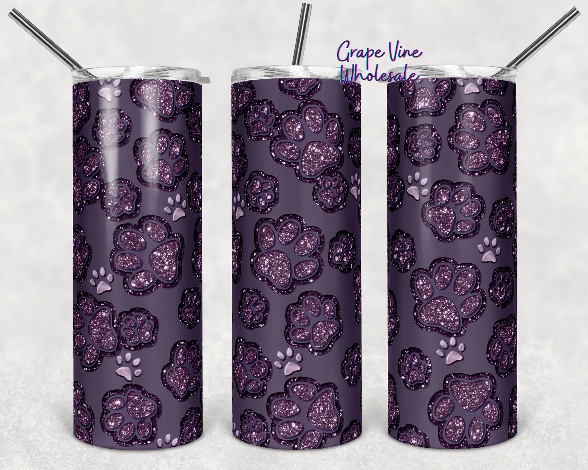 Purple Glitter Burst Paws On Purple Matte 20oz Skinny Tumbler Grape Vine Wholesale