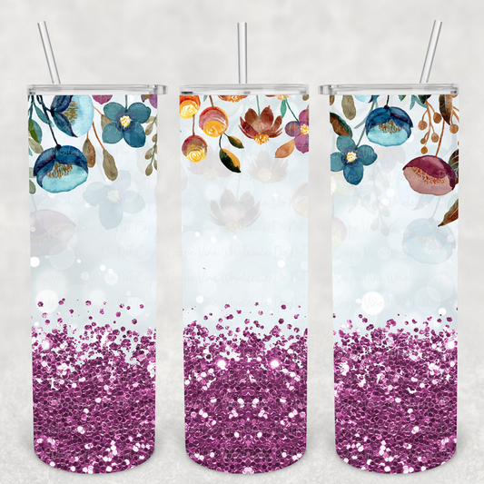 Purple Glitter and Flowers 20oz Skinny Tumbler Grape Vine Wholesale