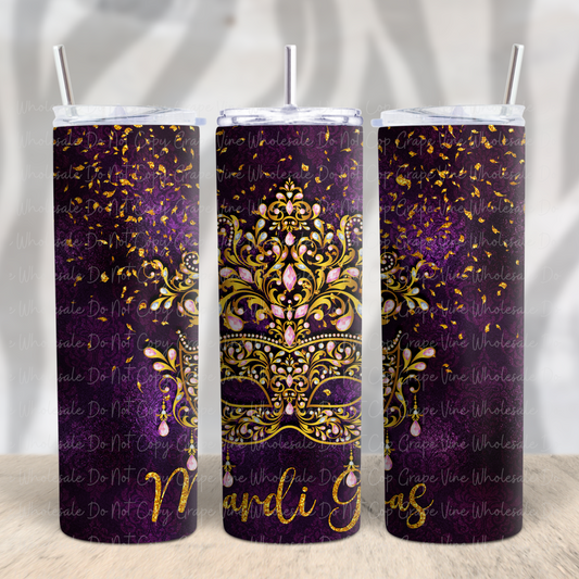 Purple Mardi Gras with Gold Mask 20oz Skinny Tumbler Grape Vine Wholesale