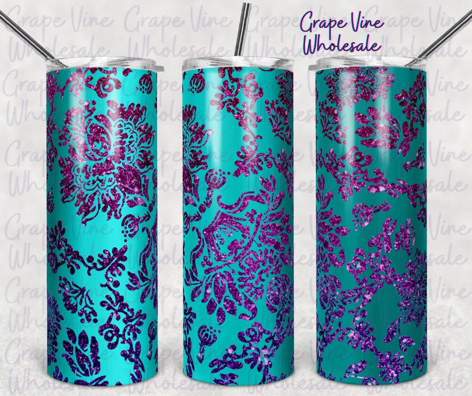 Purple Sequin Glitter Flour De Lis 20oz Skinny Tumbler Grape Vine Wholesale