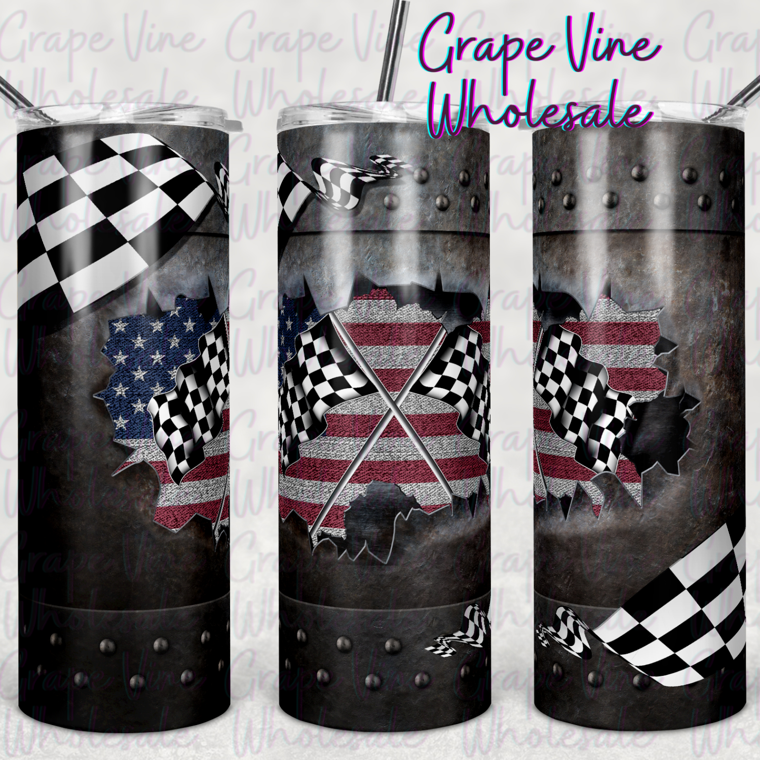 Racing American Flag 20oz Skinny Tumbler Grape Vine Wholesale