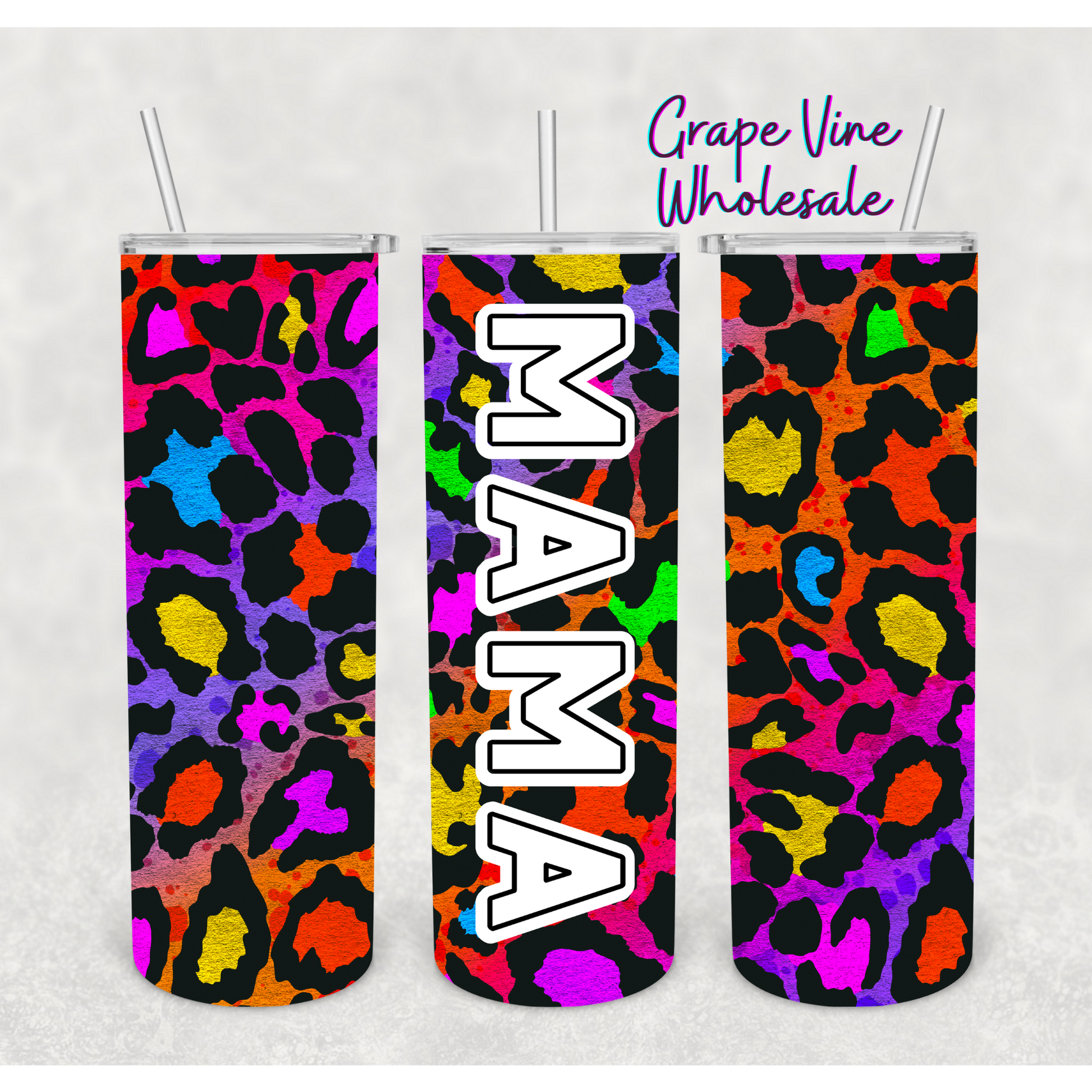 Rainbow Leopard Ombre Mama 20oz Skinny Tumbler Grape Vine Wholesale