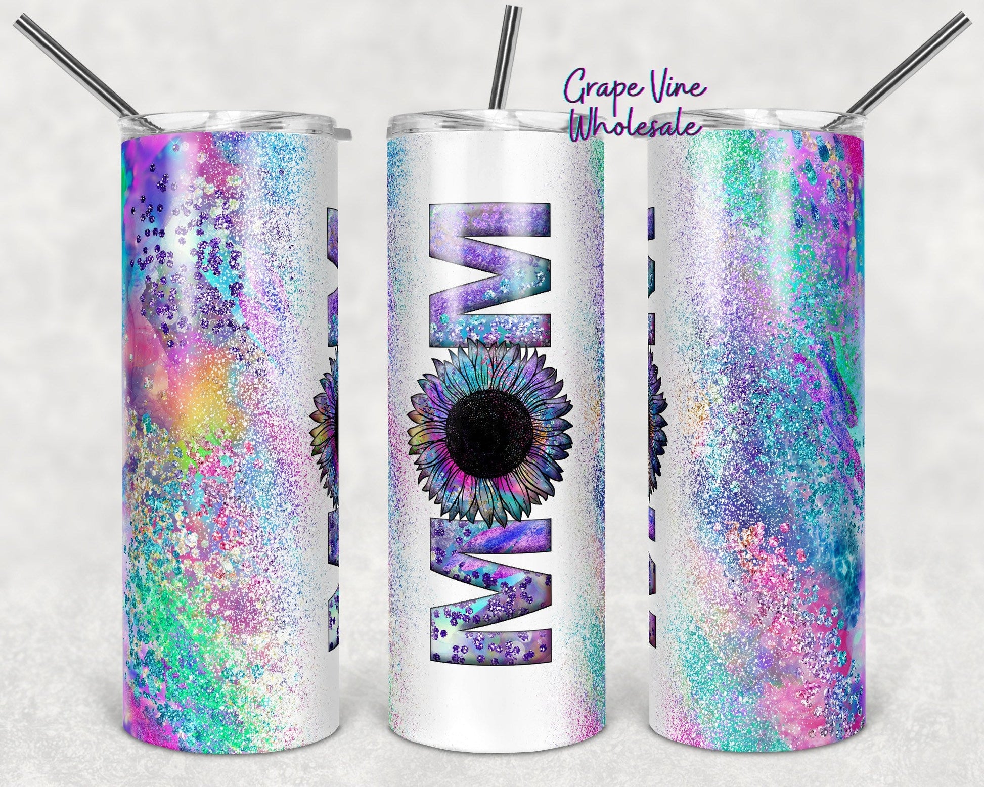 Rainbow Paint Splatter Sunflower Mom 20oz Skinny Tumbler Grape Vine Wholesale