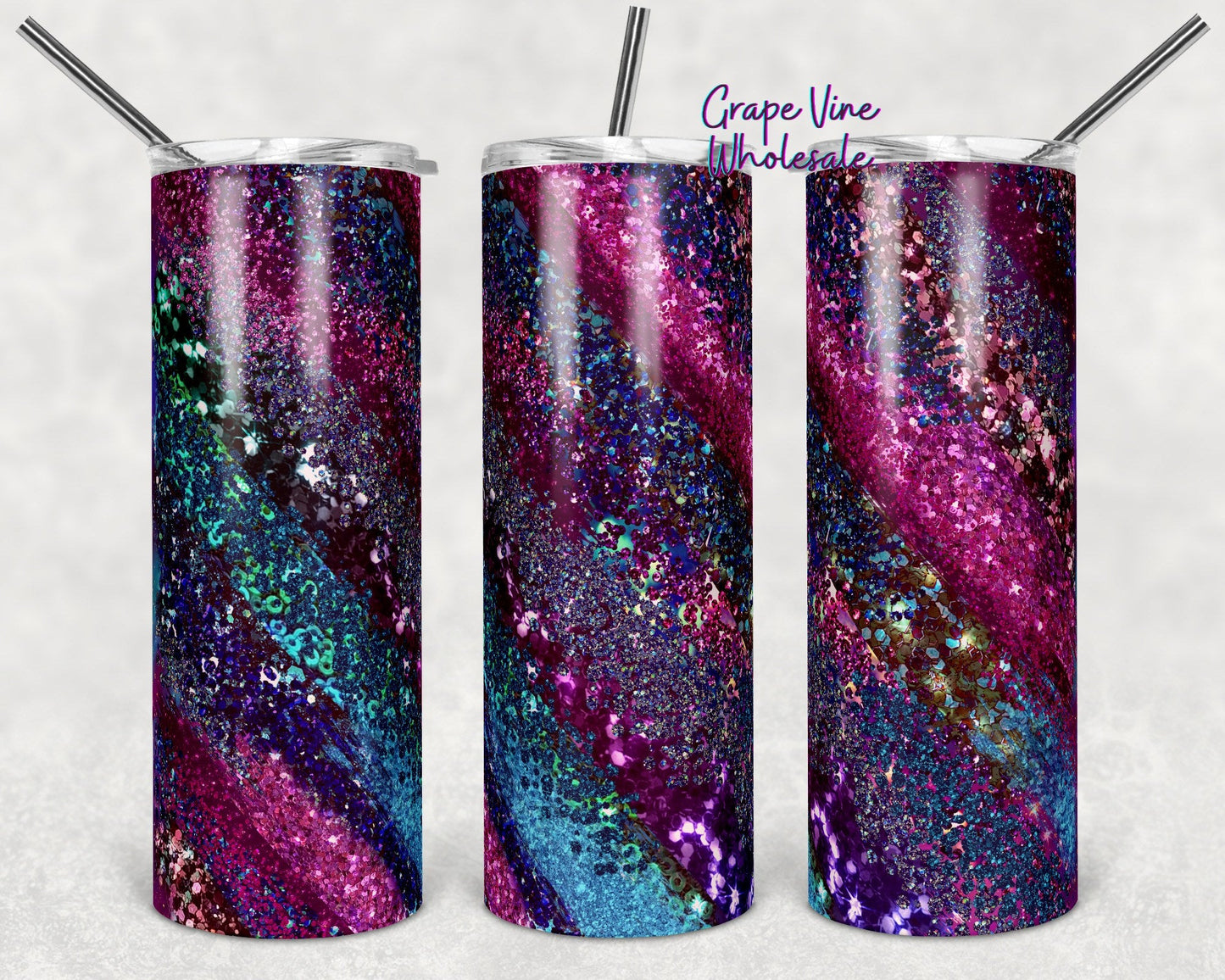 Rainbow Sequined Milky Way Mock 20oz Skinny Tumbler Grape Vine Wholesale