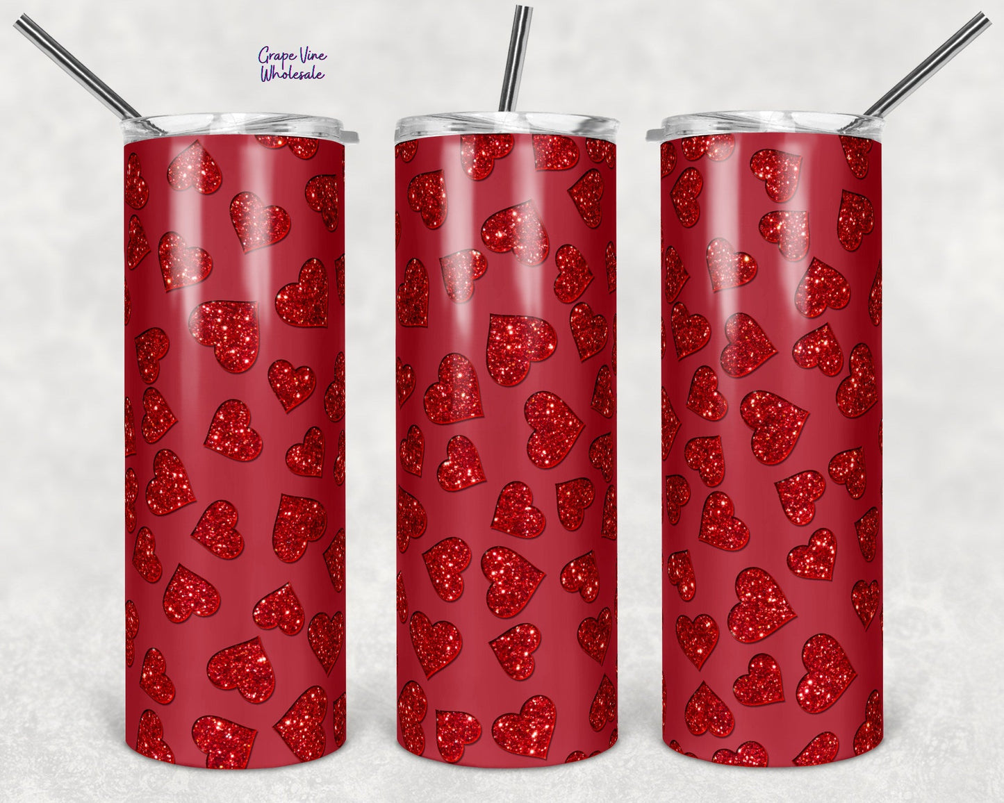 Red Glitter Burst Hearts On Matte Red 20oz Skinny Tumbler Grape Vine Wholesale